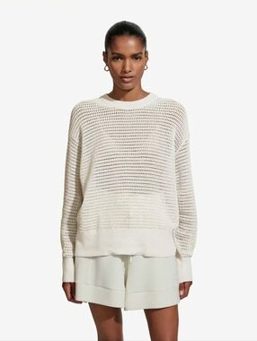 Varley Kershaw Crew Neck Sweater Womens XS Cream Crochet 100% Cotton See Through